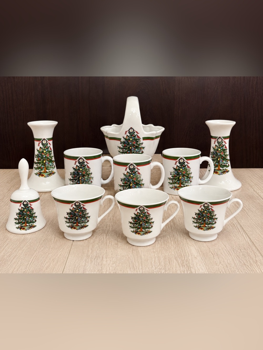 10pc Vtg Topco Ribbons & Tree Christmas China Set